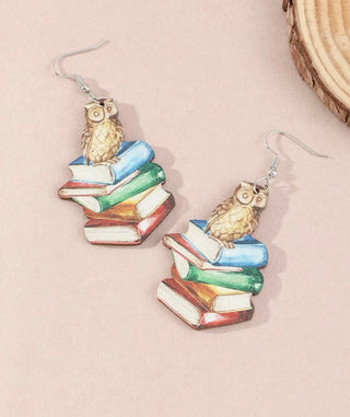 Book & owl drop earrings