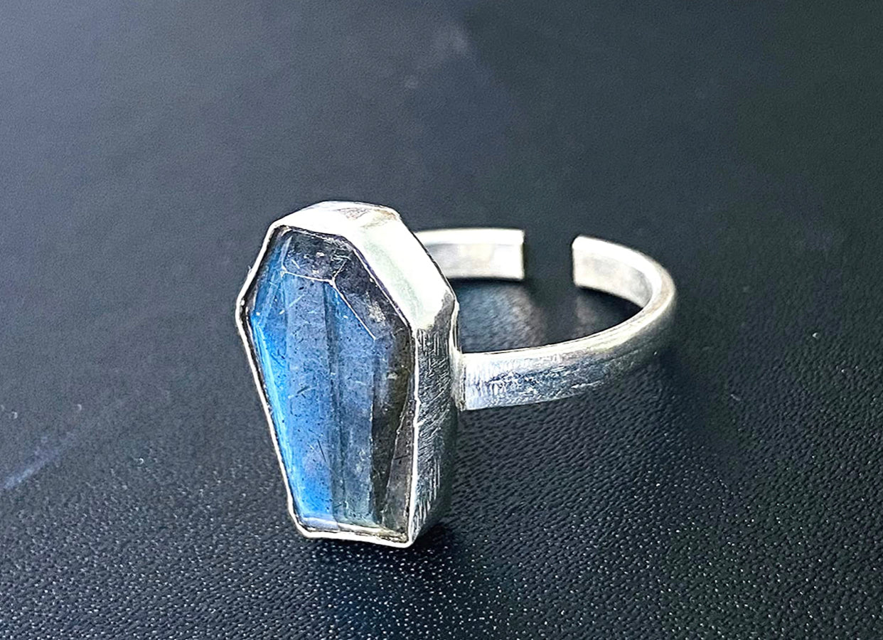Labradorite Coffin Ring, Natural Multi Fire Gemstone Healing Crystal Jewelry, Adjustable Ring, Dainty Women Bezel Ring
