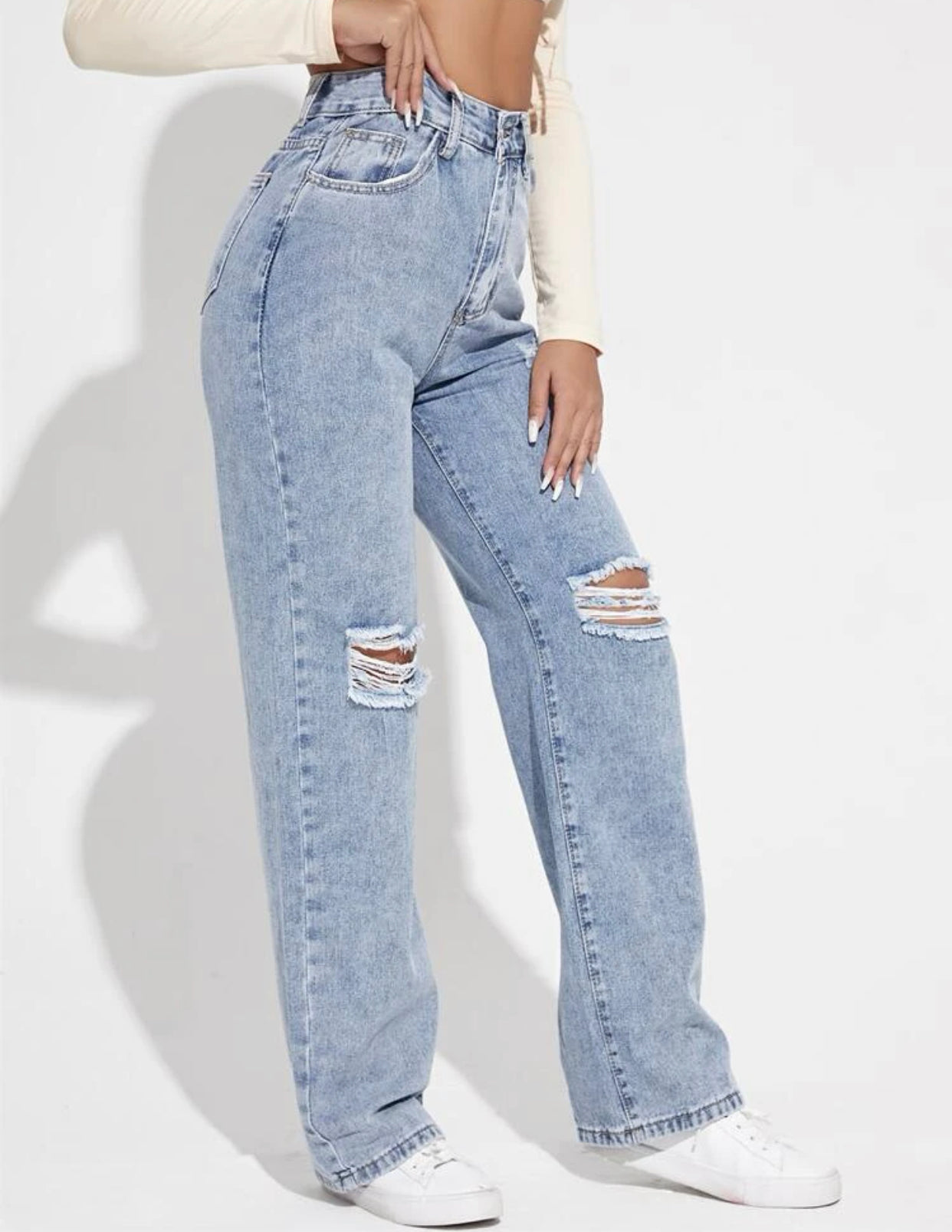High waist ripped frayed straight leg jeans