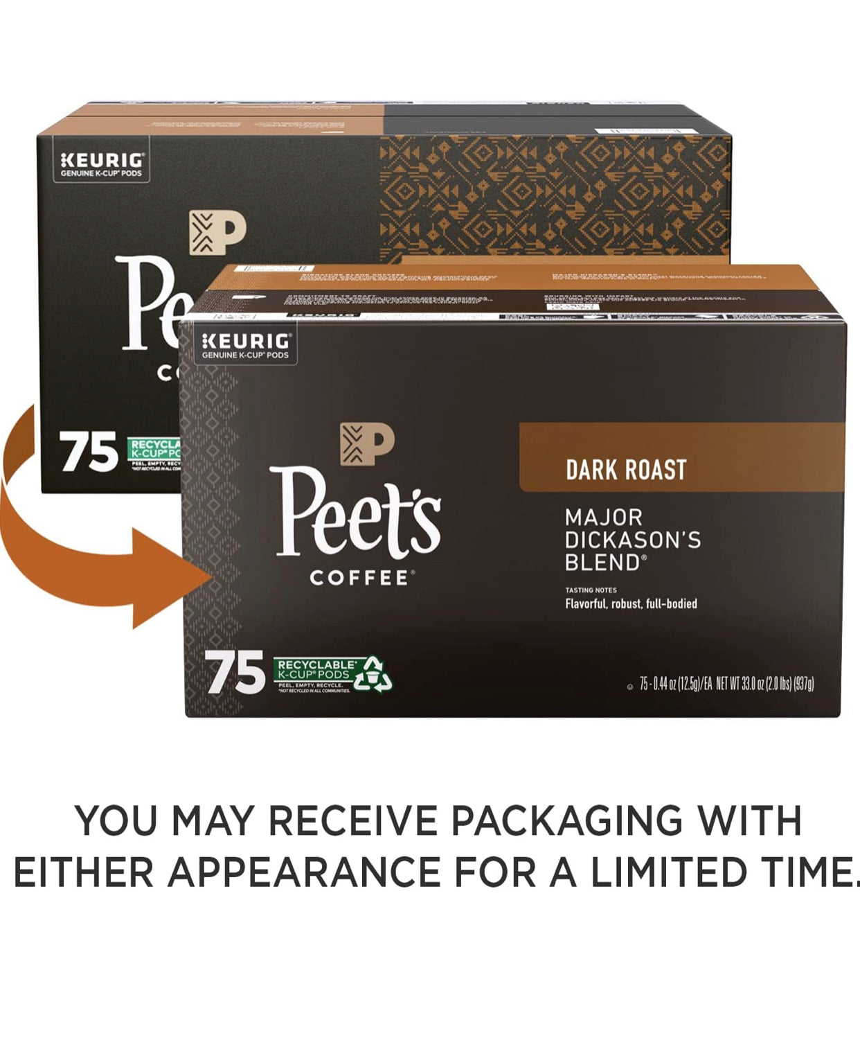Peet's Coffee, Dark Roast K-Cup Pods for Keurig Brewers - Major Dickason's Blend 75 Count (1 Box of 75 K-Cup Pods) Packaging May Vary