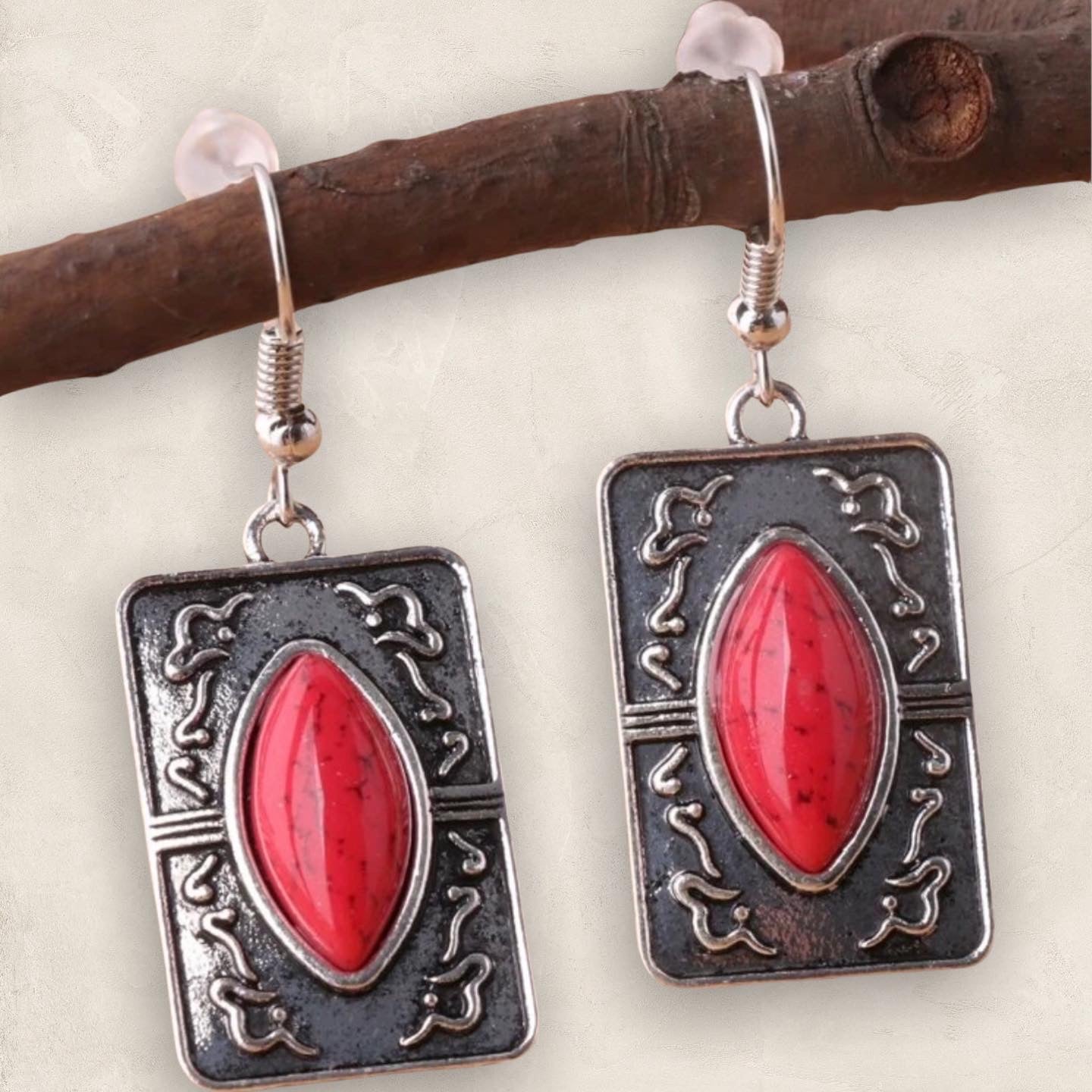 Red composite stone geometric shaped dangle earrings