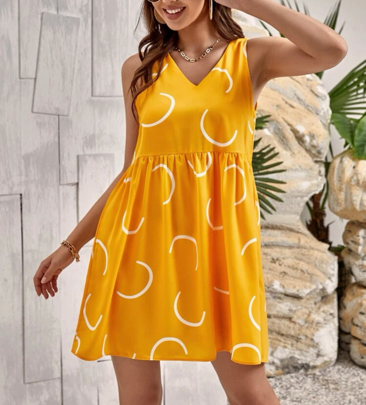 Graphic Print V Neck Smock Dress