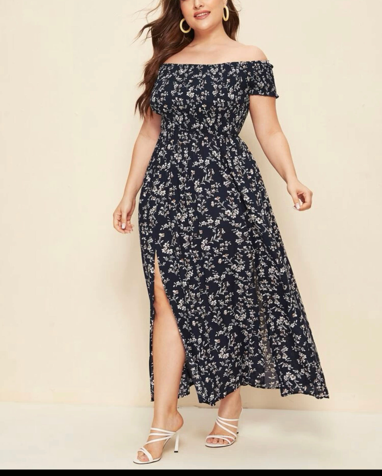 Curve & plus off shoulder shirred split ditsy floral dress