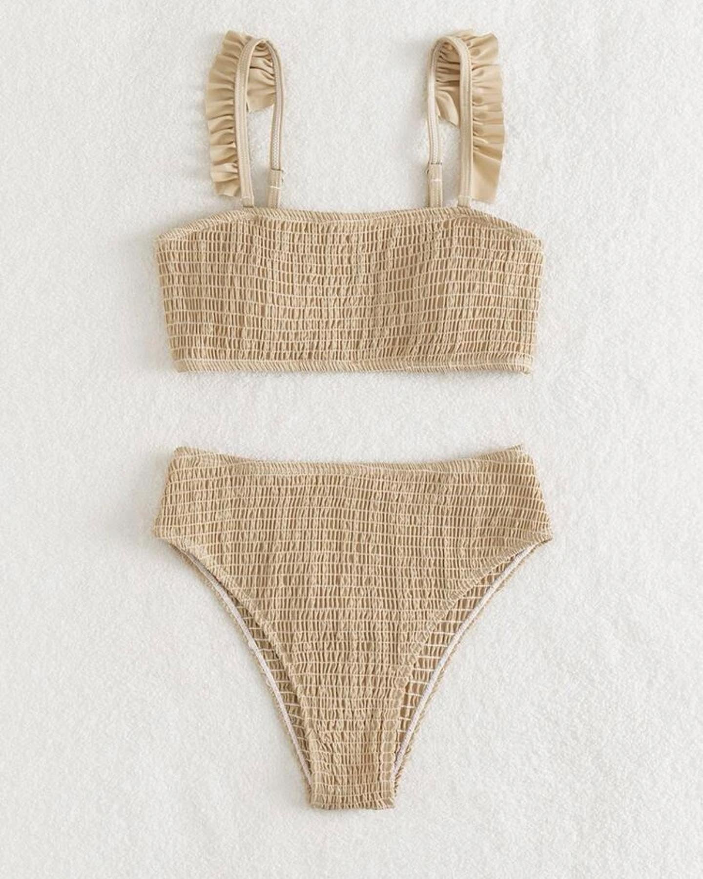 Solid smocked frill trim bikini swimsuit