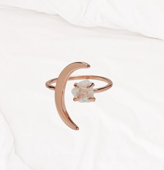 Rose Gold-Plated Crescent Moon Ring w/White Crystal