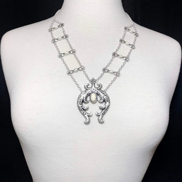 Stone Center Squash Blossom Silver Tone Double Chain Boutique Style Statement Necklace & Dangle Earrings Set