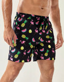 Men’s random fruit & flamingo print drawstring waist swim shorts