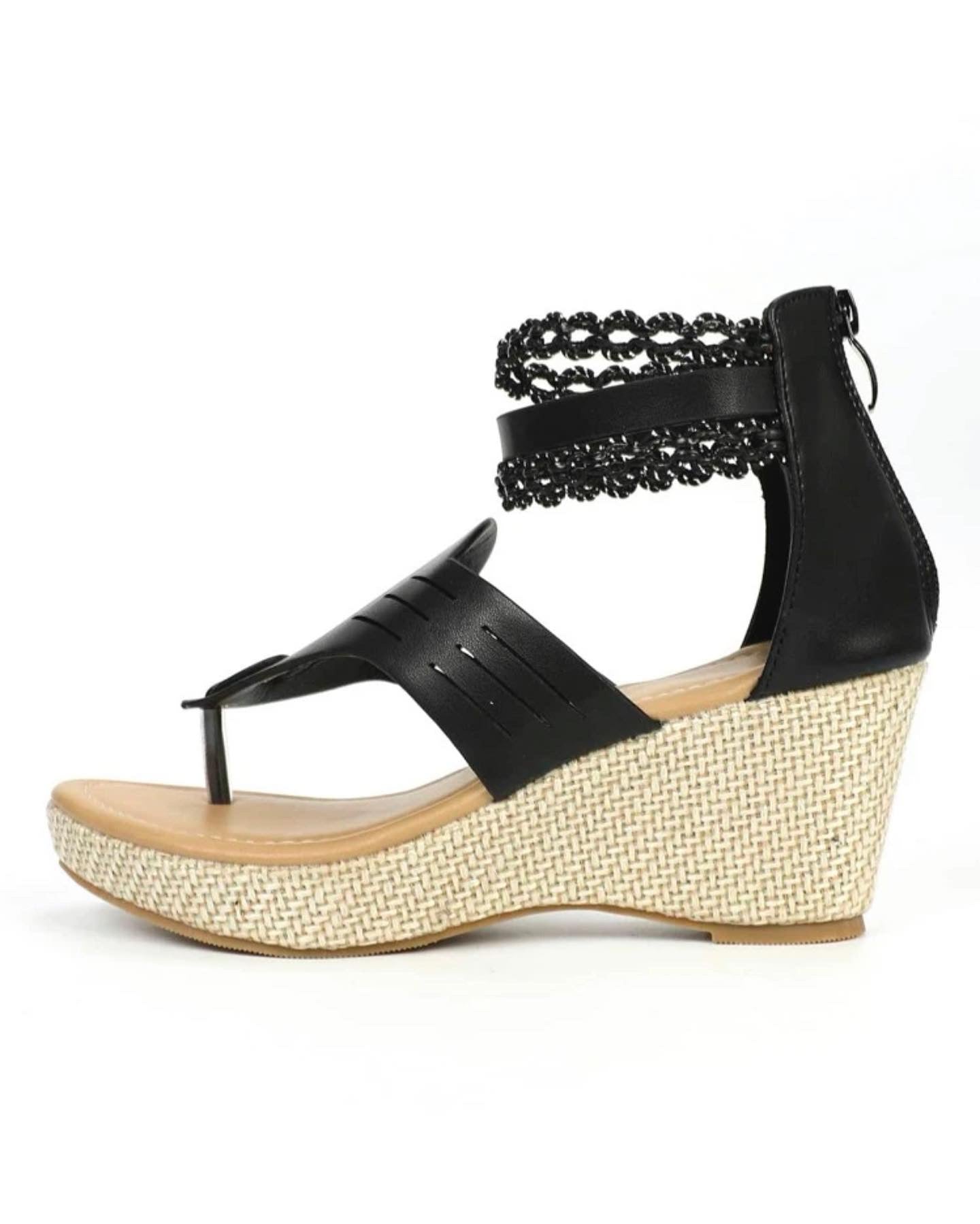 Hollow out zipper back espadrille thong wedge sandals