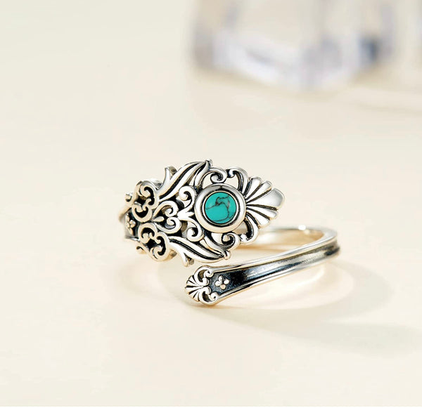 Sterling Silver Turquoise Spoon Ring - S925 Victorian Vintage style adjustable ring.