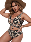 Women's Plus Leopard Cut Out One Piece Swimsuit Tie Front Wireless Padded Bathing Suit
