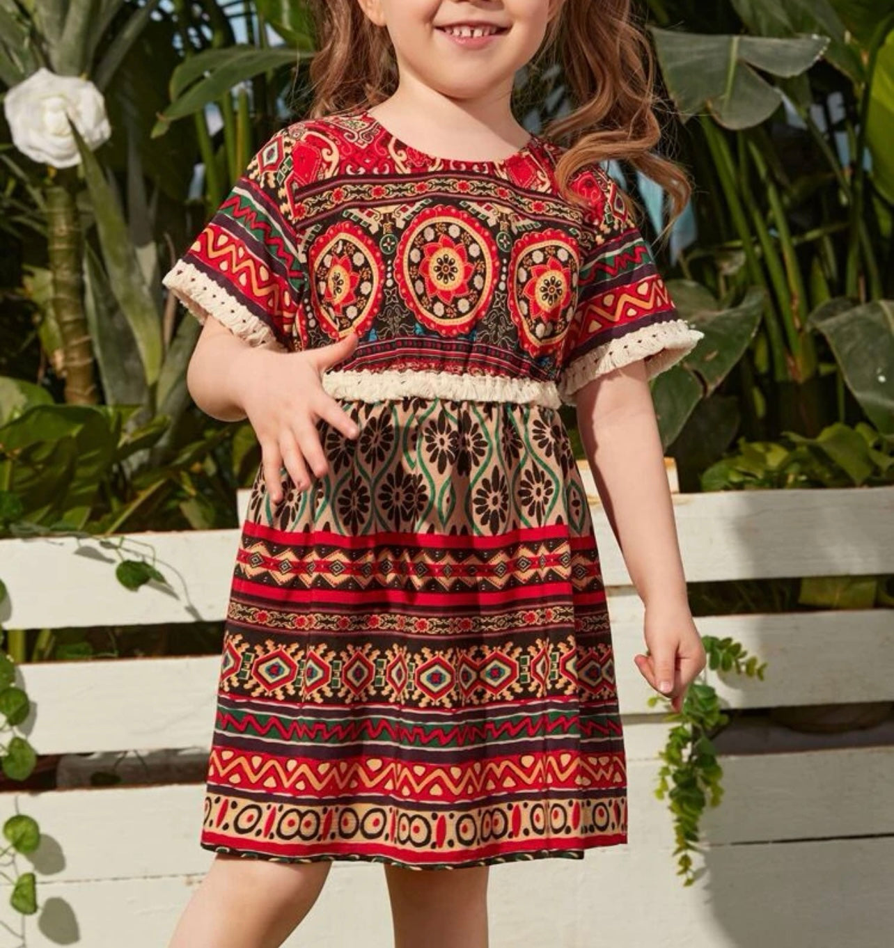 Toddler Girls Geo Print Contrast Trim Dress