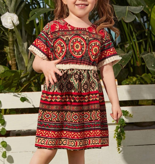 Toddler Girls Geo Print Contrast Trim Dress