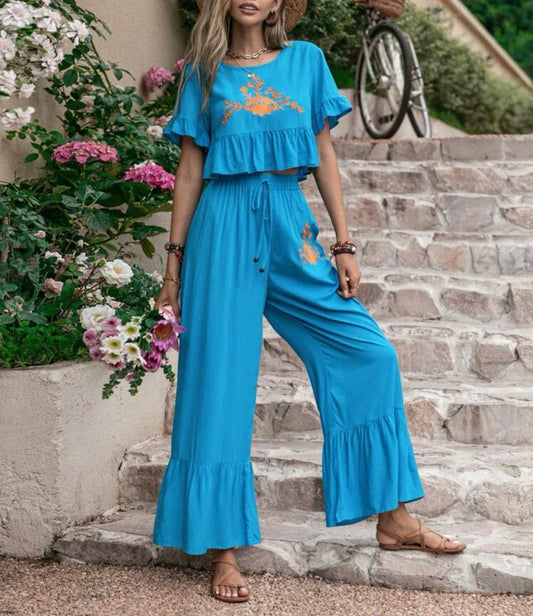 Floral embroidered flounce sleeve peplum top & ruffle hem pants