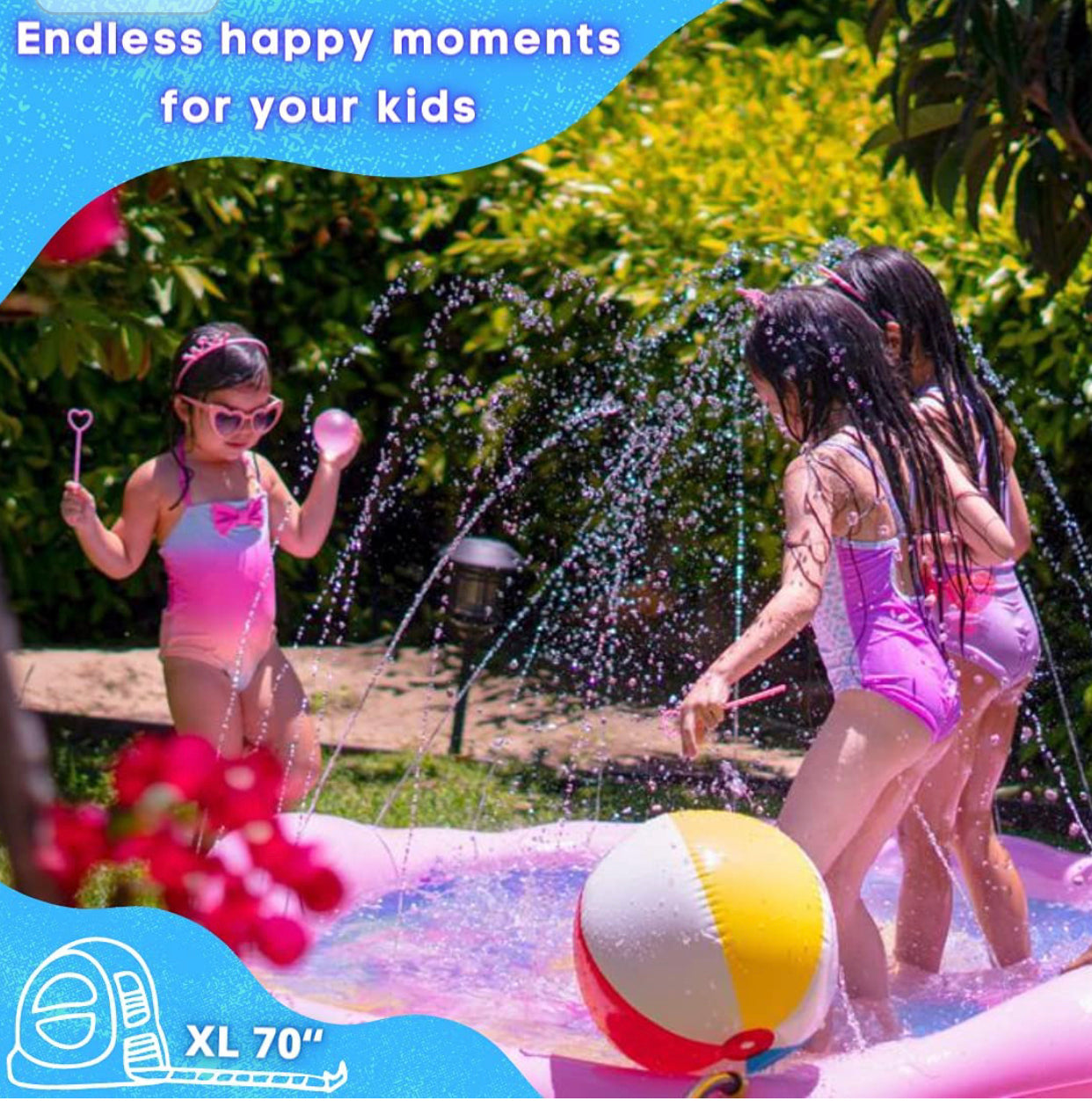 Princessea Imani Outdoor Splash Pad for Kids (70 Inch) — Inflatable Sprinkler Mat with Wading Pool