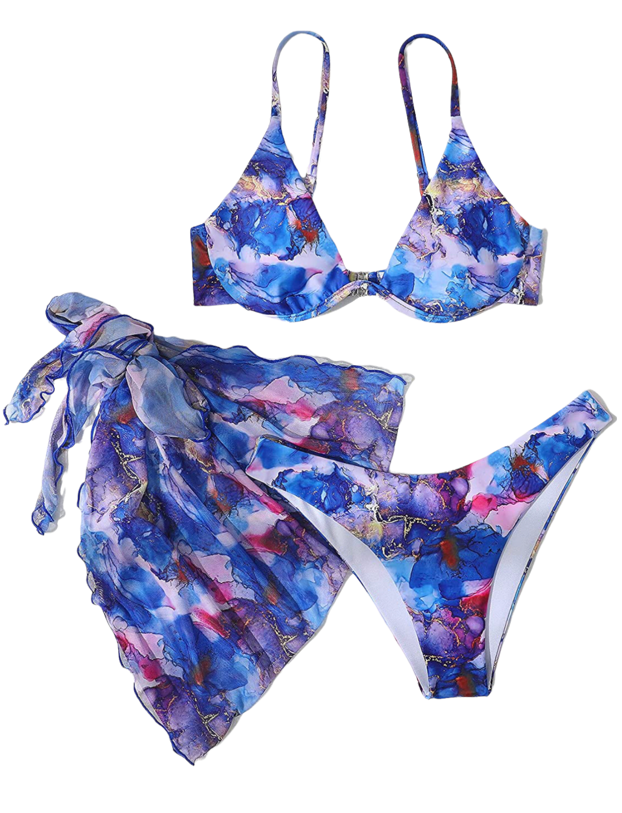 Women's 3 Piece Tie Dye Underwire Bikini Set Swimsuit and Cover Up Beach Skirt. Azure blue