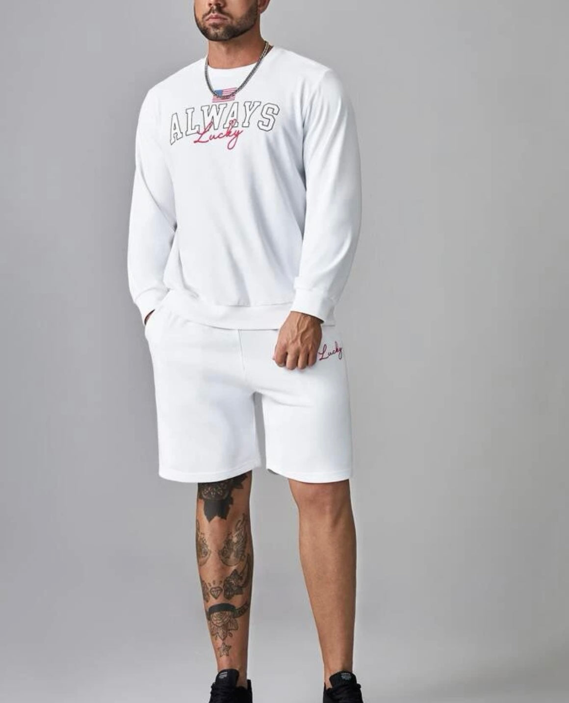 Extended sizes men letter & flag print sweatshirt & shorts set