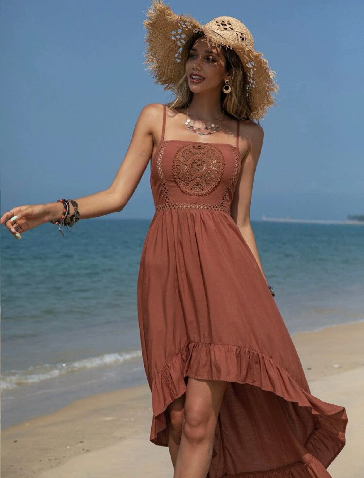 Lace insert asymmetric ruffle hem slip dress