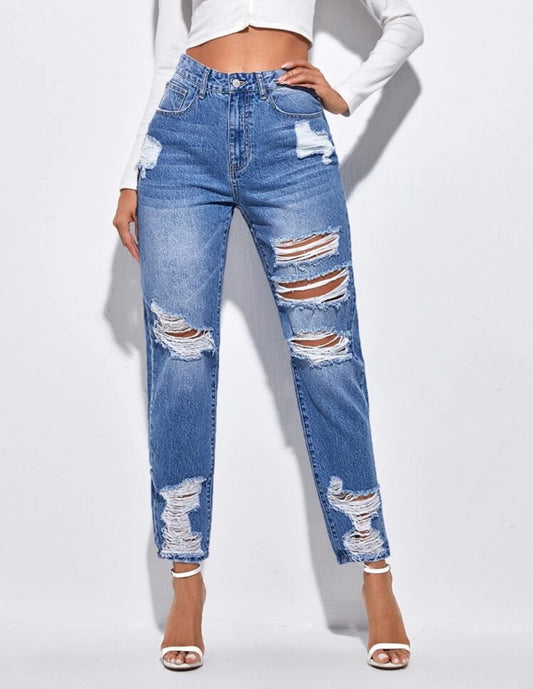 High waisted bleach wash ripped mom jeans