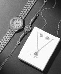 Rhinestone decor round pointer quartz watch & & 4pcs jewelry set