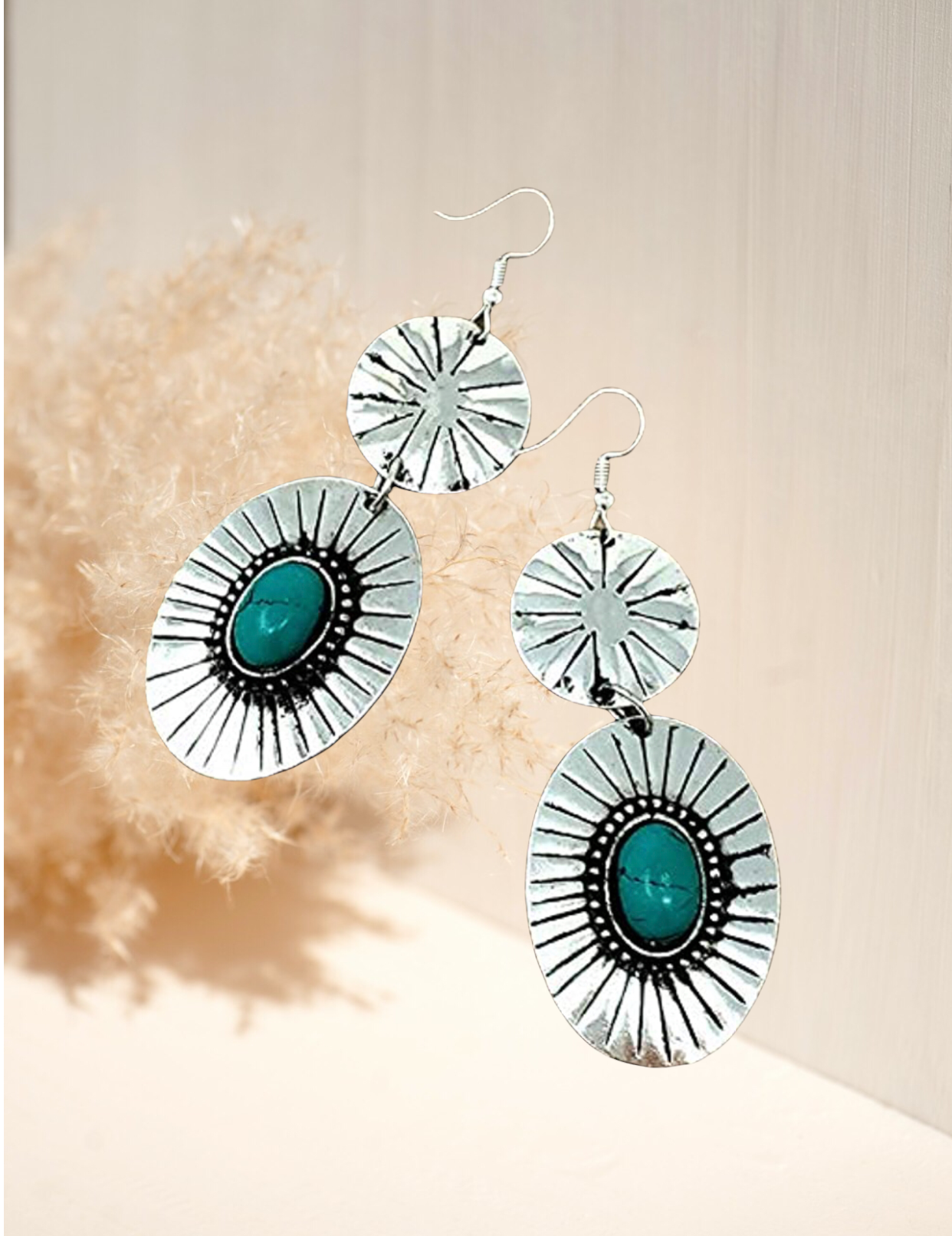 Western Turquoise Handmade Concho Dangling Fish Hook Earrings Boho