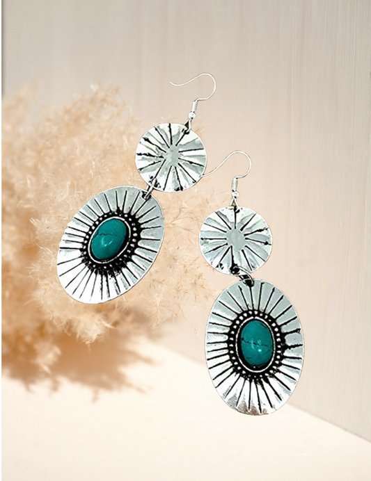 Western Turquoise Handmade Concho Dangling Fish Hook Earrings Boho