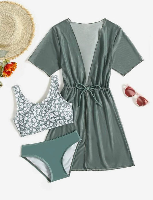 Girls Floral Bikini Swimsuit With Cover Up