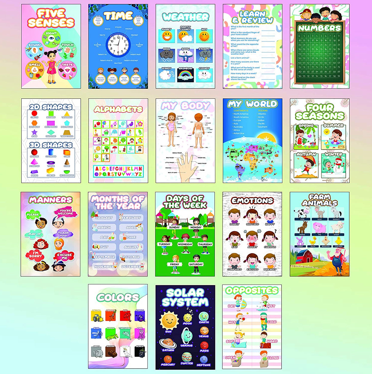 Kid’s Preschool Educational Poster Set, 38 Pc, Bilingual English/Spanish