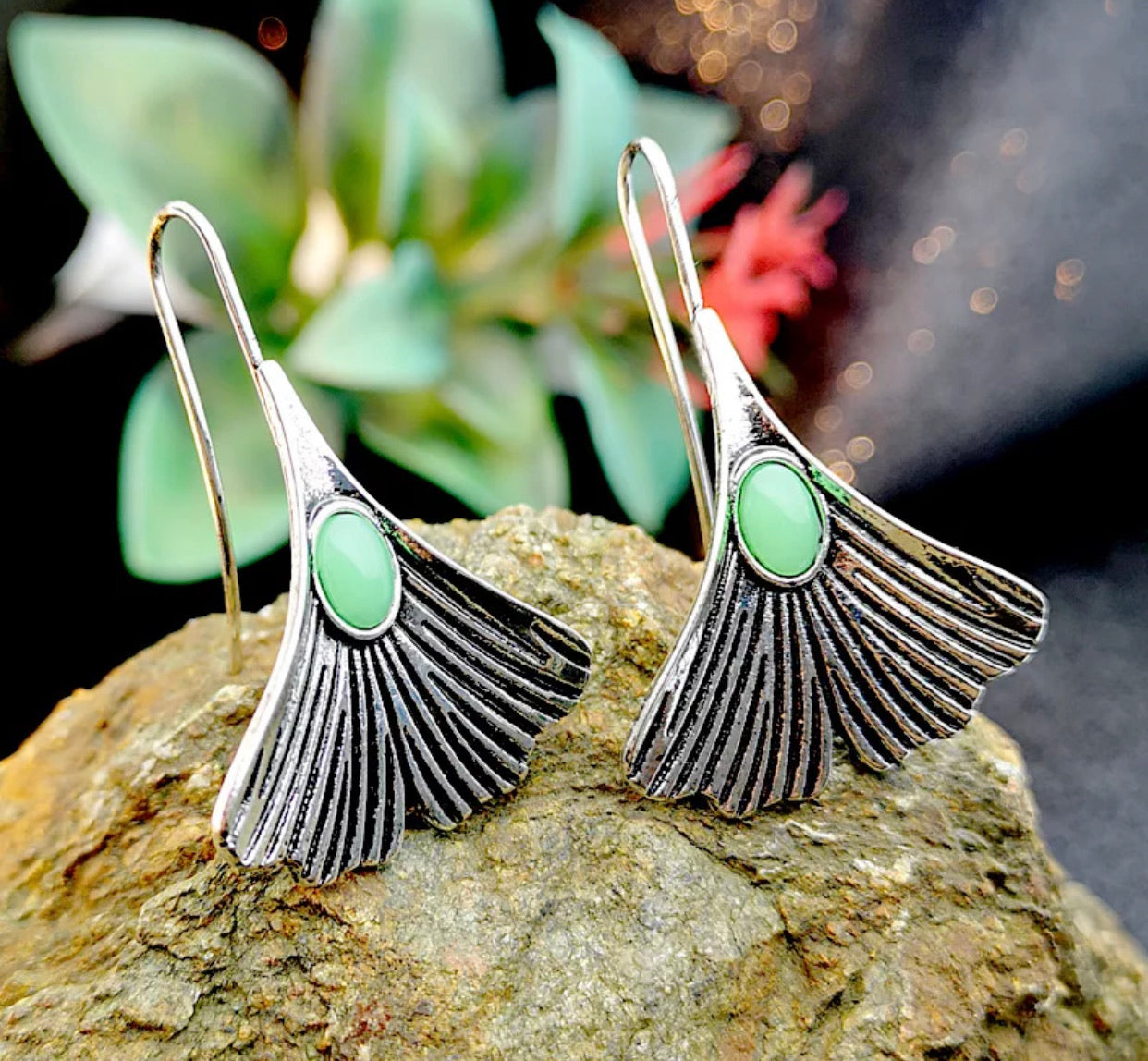 Handmade unique vintage style green stone inlaid dangle earrings. - Christina’s unique boutique LLC