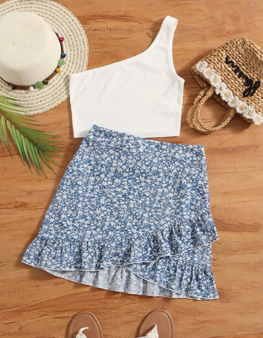Teen girls one shoulder top & ditsy floral ruffle hem skirt set