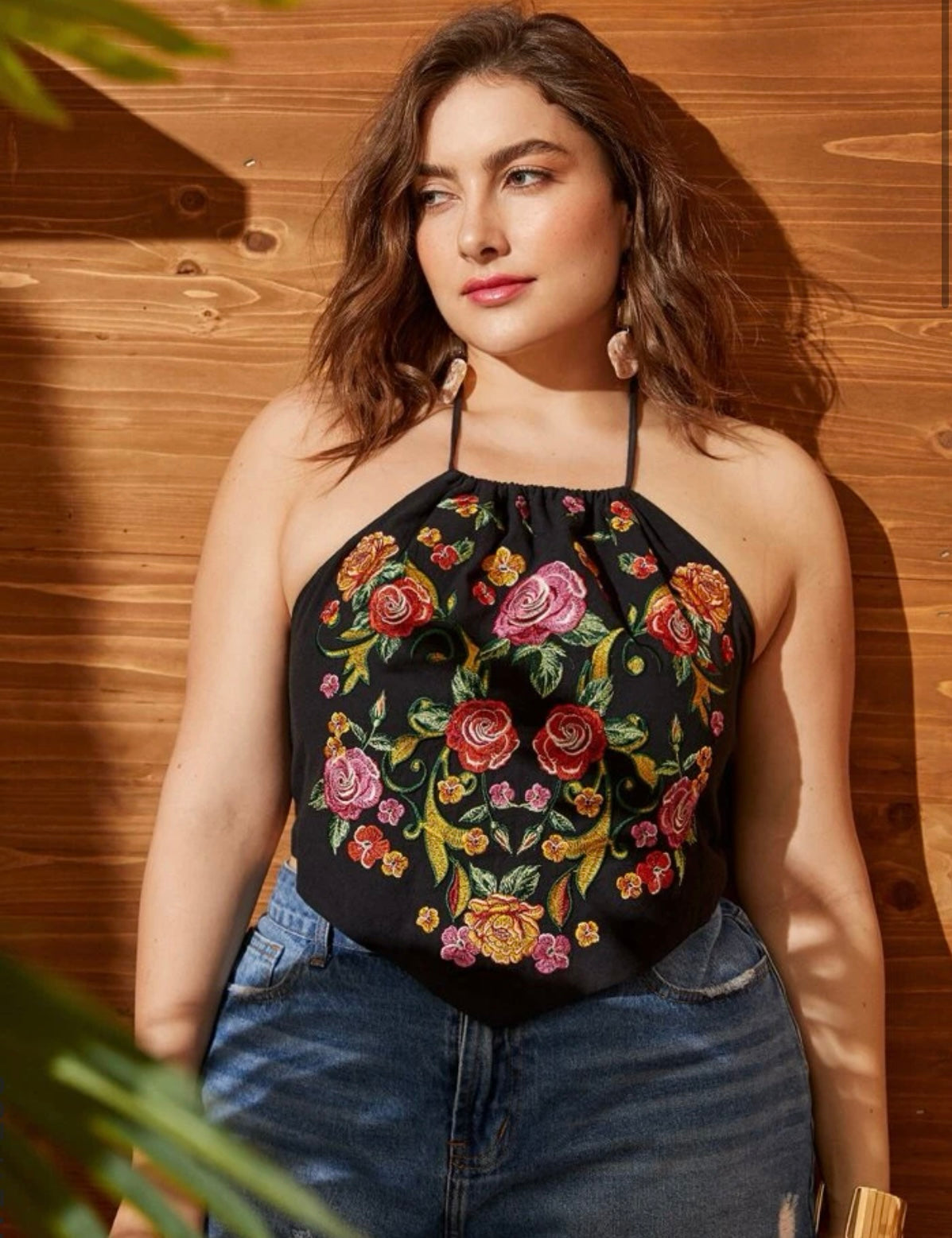 Plus floral embroidery halter top