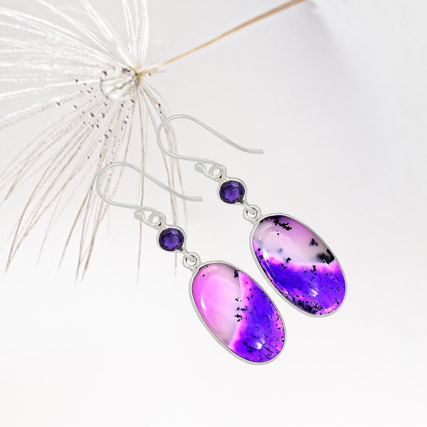 Purple Dendritic Opal & Amethyst 925 Sterling Silver Earrings