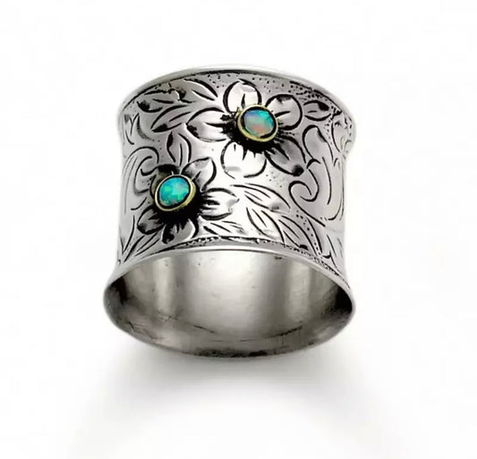 Vintage Sliver Color blue Opal style Petal Pattern Rings