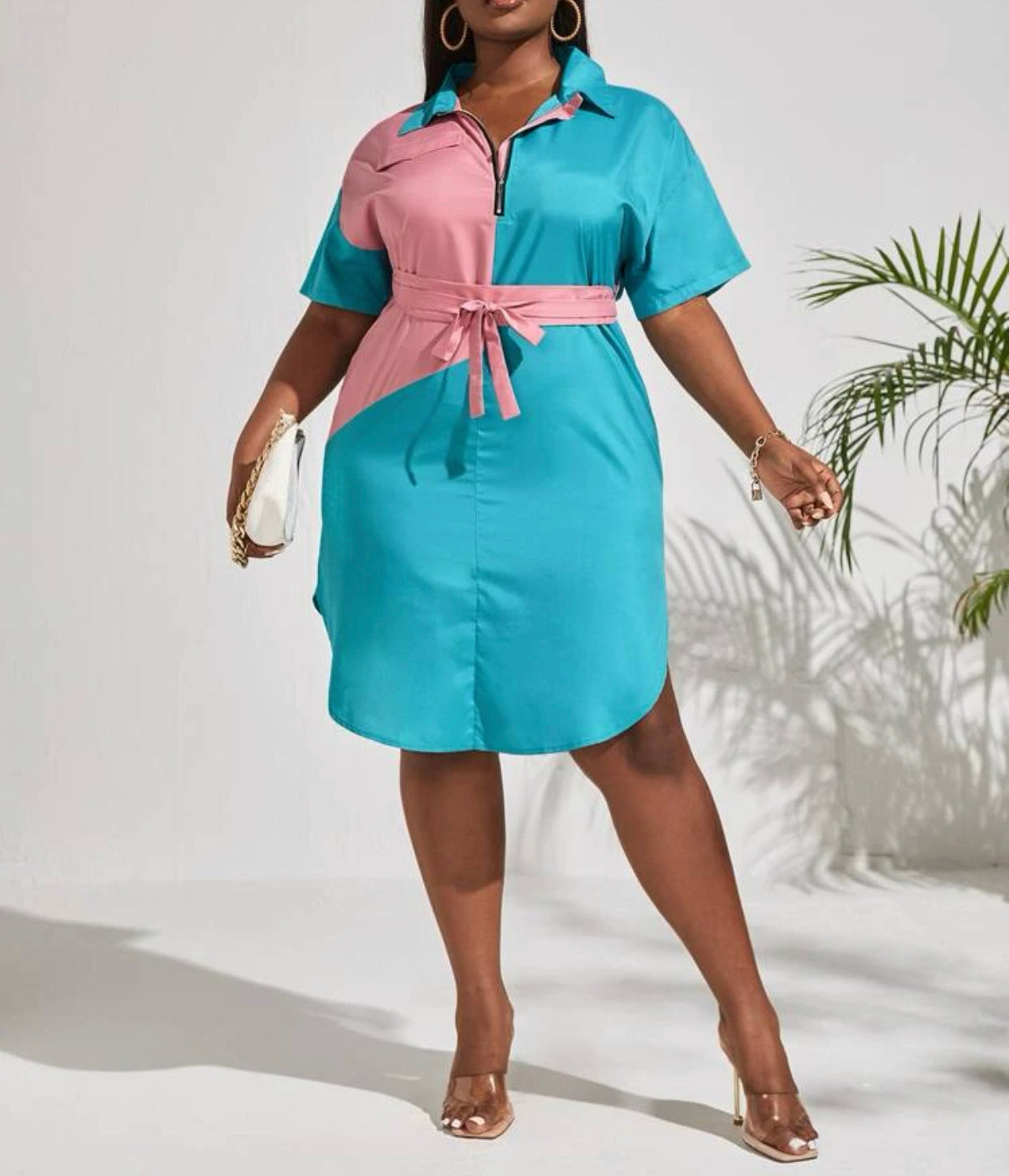 Curve & plus two tone  zip drop shoulder belted dress