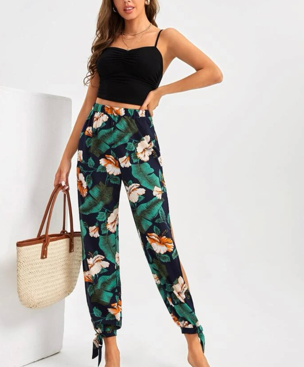 Tall tropical print split side knot hem pants