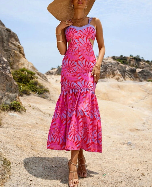 Random spiral tie dye crisscross knot back ruffle hem cami dress