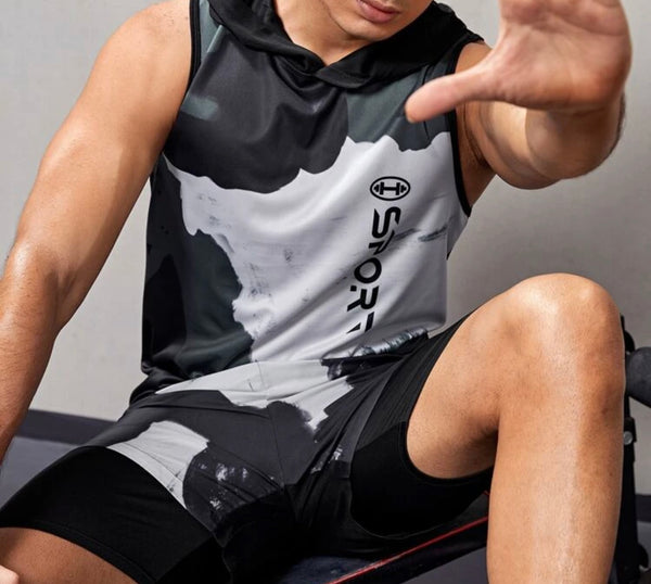 Men’s letter graphic hooded sports tank top with shorts