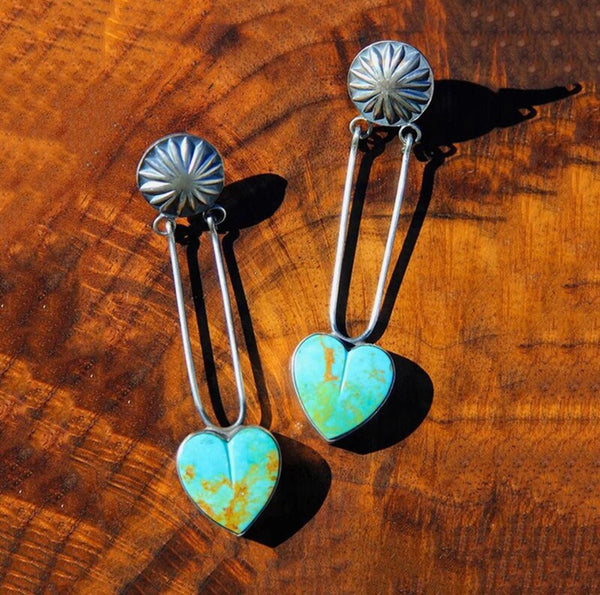 Bohemia Love Heart Turquoise Blue Dangle Earrings