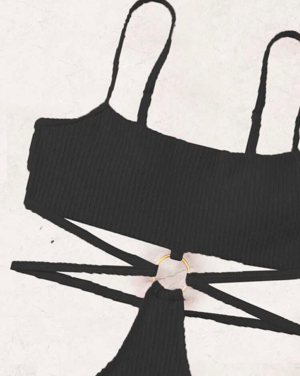 Textured ring linked cut-out one piece swimsuit