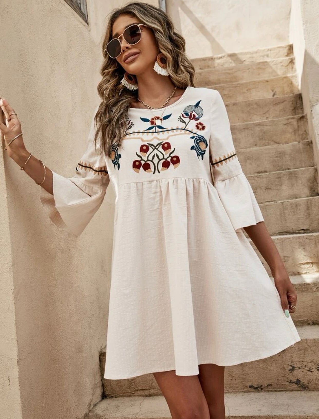 Floral embroidered trumpet sleeve smock dress