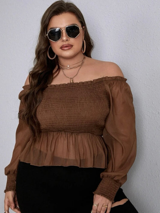 Plus off shoulder shirred lantern sleeve peplum blouse