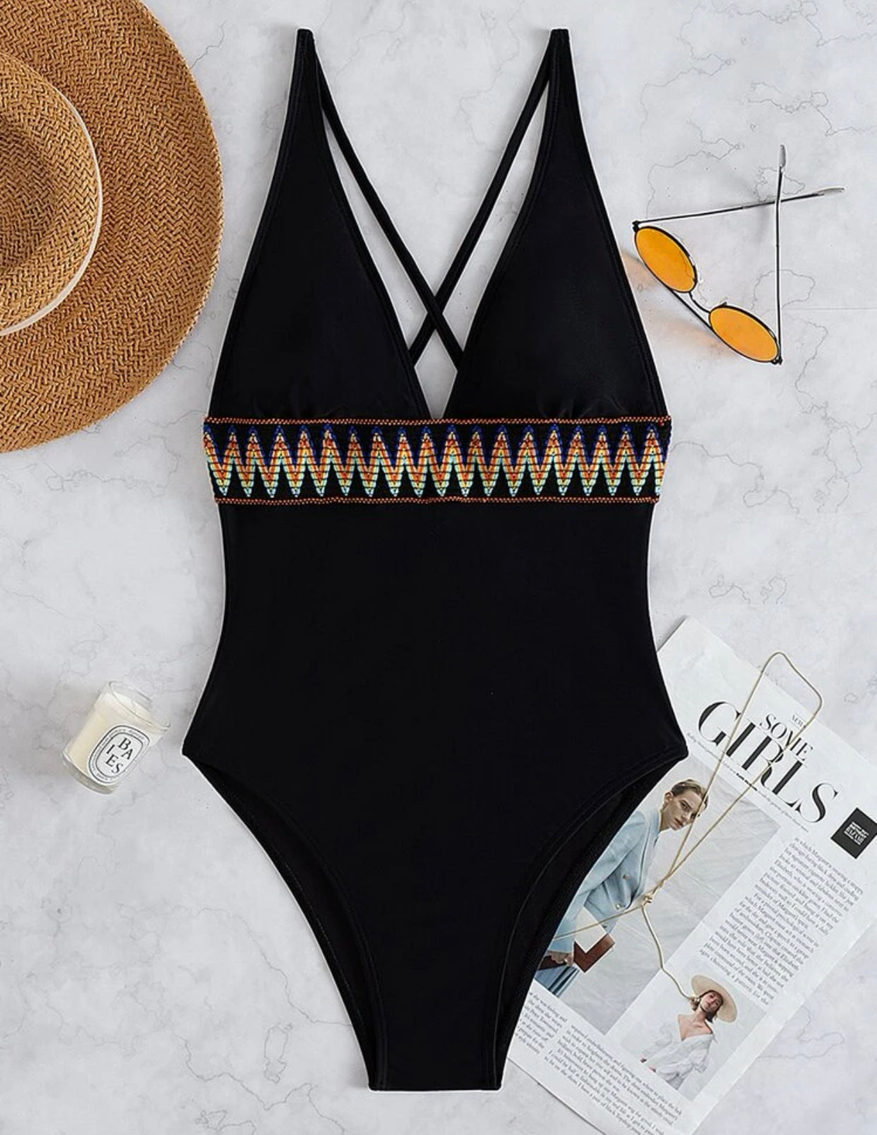 Geo tape plunging one piece swimsuit