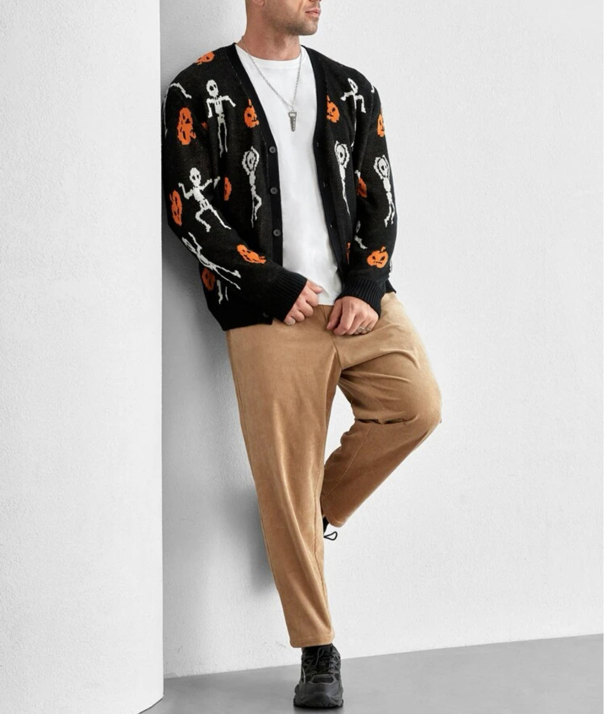 Men’s extended size Halloween Pumpkin & Skeleton Pattern Cardigan