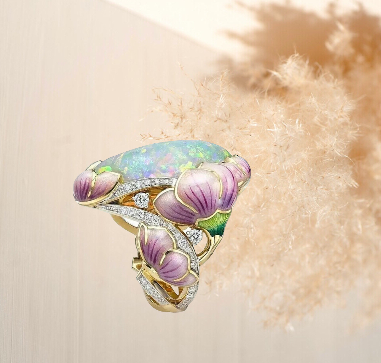 Delicate Fashion Gold Filling Floral Ring Lavender Fuchsia Lotus Enamel Oval Cut Fire Stone Statement ring. Size 8.