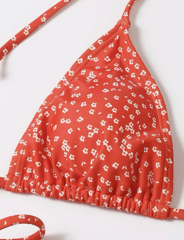 Red ditsy floral halter triangle bikini swimsuit