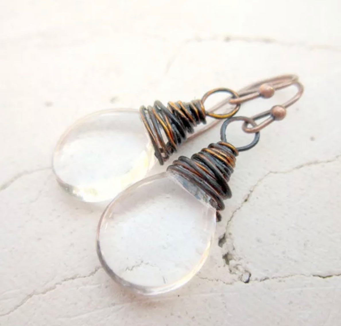 Clear Glass Dangle Oxidized Copper Wrapped earrings