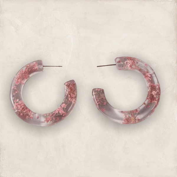 Pink flower decor hoop earrings