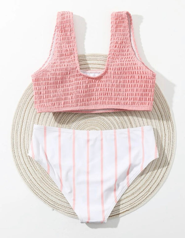 Girls stripe smocked bikini swimsuit