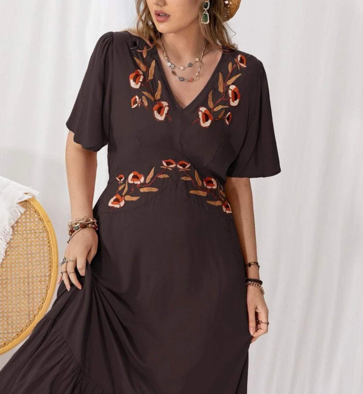 Curve & plus embroidered butterfly sleeve ruffle hem dress