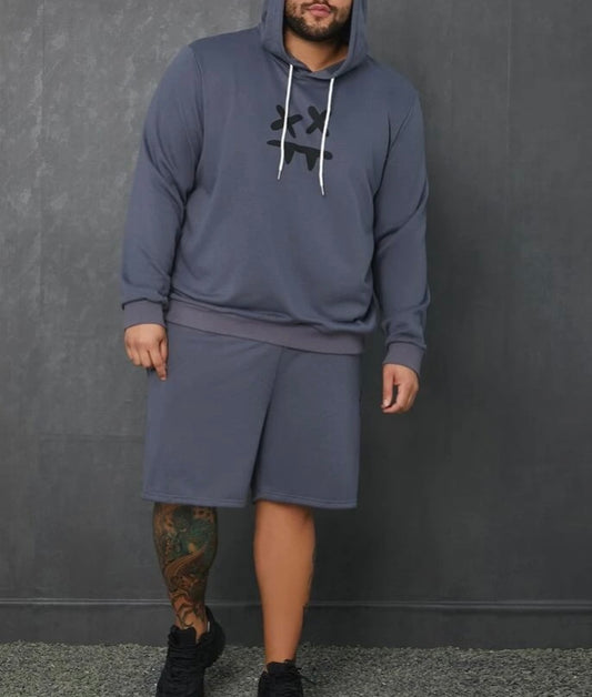 Extended Sizes Men Cartoon Face Print Drawstring Hoodie & Shorts