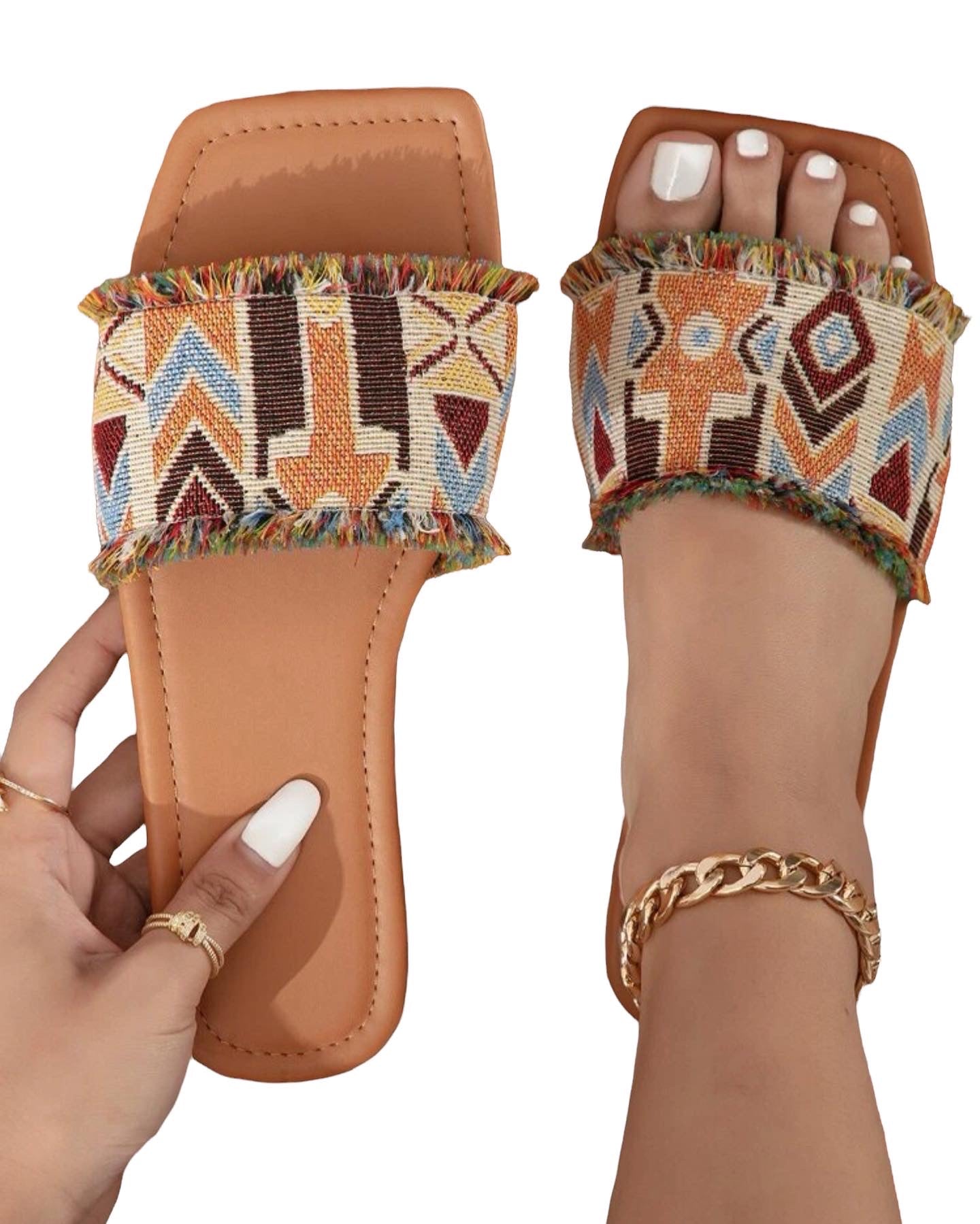 Color block raw trim slide sandals